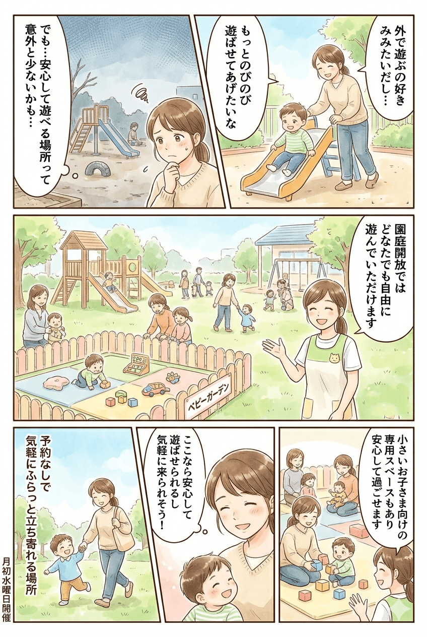 園庭開放 エンゼルひろば 漫画：安心して遊べる場所を探しているママのもとに、園庭開放のご案内