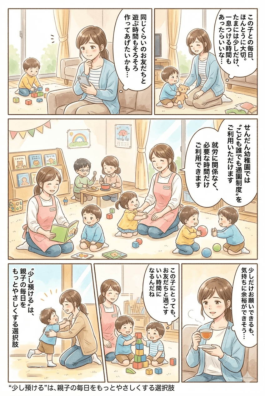 漫画：毎日子どもと二人きりで少し息抜きしたいママが、こども誰でも通園制度を利用して一息つける様子